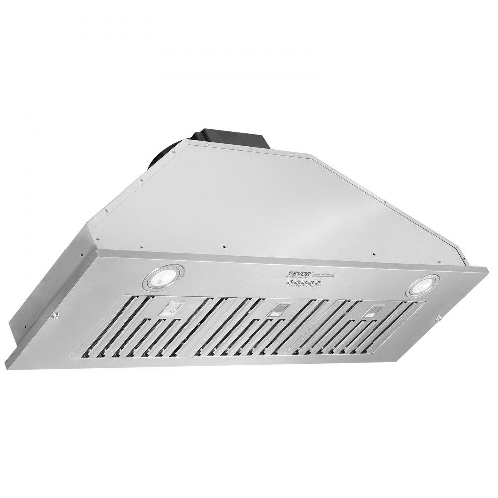 Campana extractora empotrable VEVOR, 800 CFM, 3 velocidades, 91 cm (36 pulgadas), acero inoxidable, con control por botón, luces LED, filtros deflectores, convertible para instalación con o sin conducto, certificación ETL.