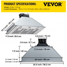 VEVOR Insert Range Hood, 800CFM 3-Speed, 36 Inch Stainless Steel Built-in Kitchen Vent with Push Button Control LED Lights Baffle Filters, Ducted/Ductless Convertible, ETL Listed