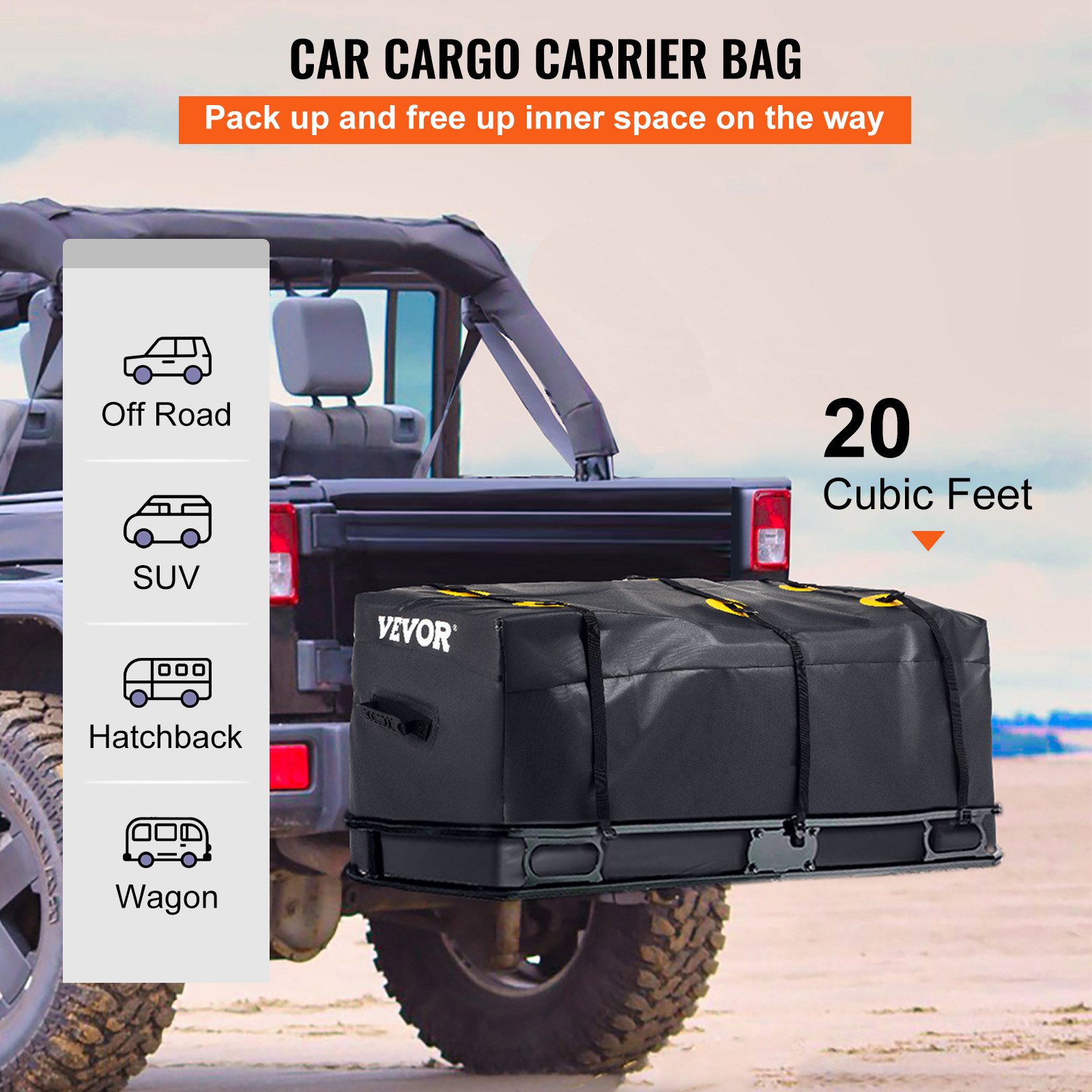 VEVOR cargo carrier bag on the back of an off-road vehicle, offering 20 cubic feet of storage capacity.