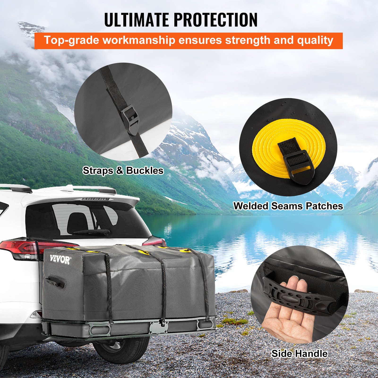 VEVOR cargo carrier bag attached to a car, displaying straps, welded seams, and a side handle.