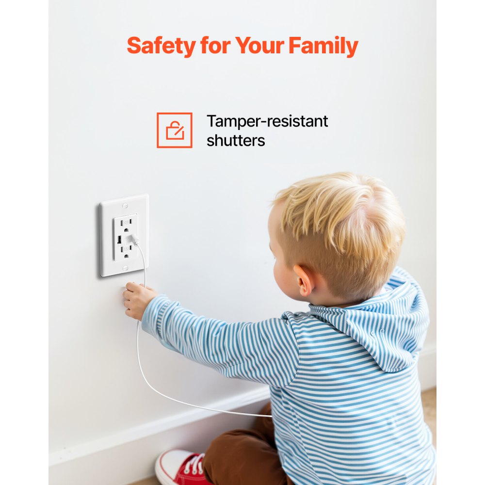 VEVOR USB Wall Outlet, 24 W 15A Tamper Resistant Electrical Outlet with 1 Type C & 1 Type A Ports, 2 Three-prong AC Outlets, Screwless Wall Plate Included, Charging for Multiple Devices, White