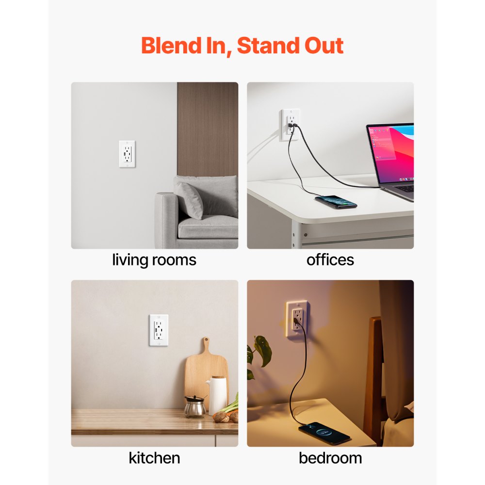 VEVOR USB Wall Outlet, 24 W 15A Tamper Resistant Electrical Outlet with 1 Type C & 1 Type A Ports, 2 Three-prong AC Outlets, Screwless Wall Plate Included, Charging for Multiple Devices, White