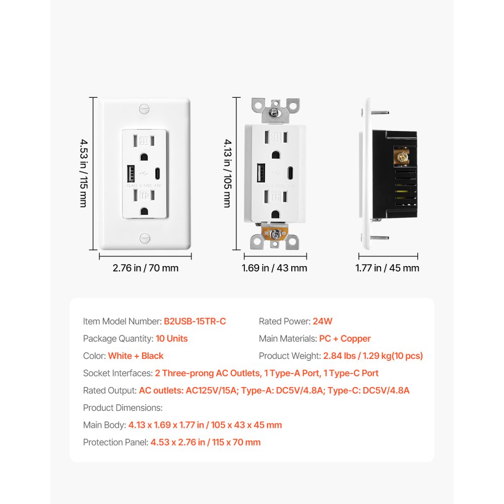 VEVOR USB Wall Outlet, 24 W 15A Tamper Resistant Electrical Outlet with 1 Type C & 1 Type A Ports, 2 Three-prong AC Outlets, Screwless Wall Plate Included, Charging for Multiple Devices, White