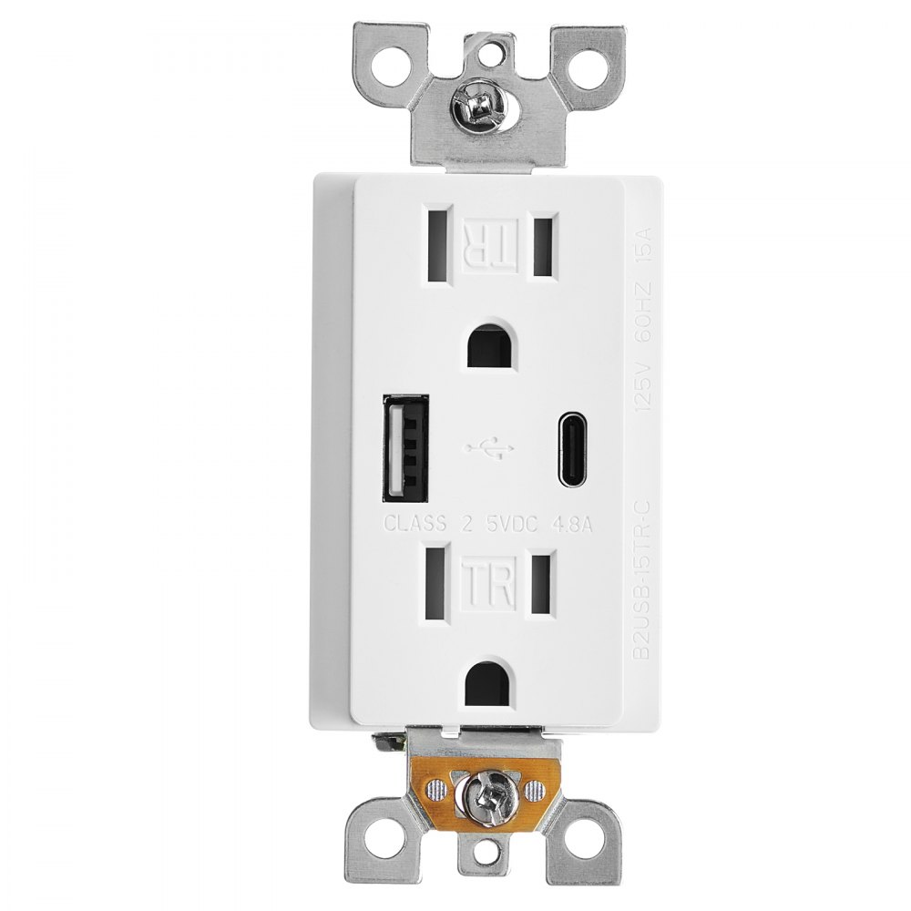 VEVOR USB Wall Outlet, 24 W 15A Tamper Resistant Electrical Outlet with 1 Type C & 1 Type A Ports, 2 Three-prong AC Outlets, Screwless Wall Plate Included, Charging for Multiple Devices, White