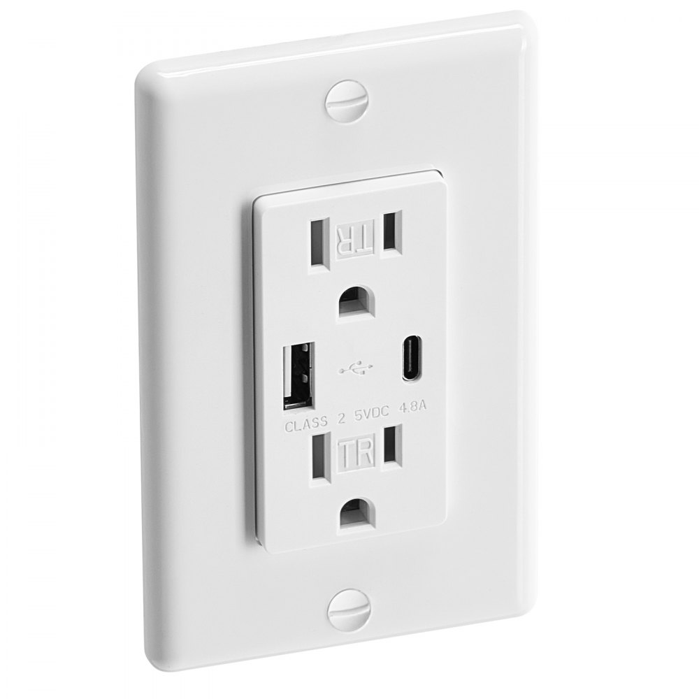 VEVOR USB Wall Outlet, 24 W 15A Tamper Resistant Electrical Outlet with 1 Type C & 1 Type A Ports, 2 Three-prong AC Outlets, Screwless Wall Plate Included, Charging for Multiple Devices, White