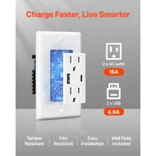 VEVOR - 10 tomas de corriente USB de pared de 24 W y 15 A con puertos tipo C y tipo A