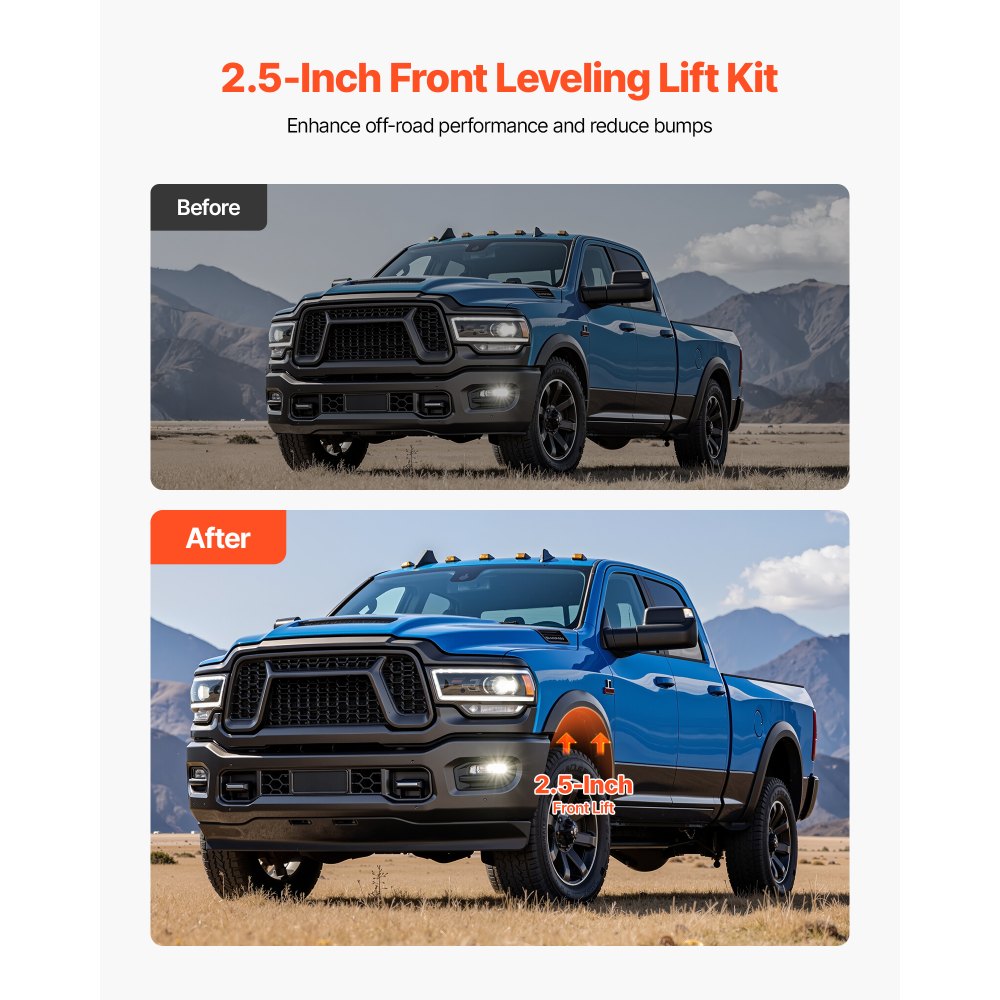 VEVOR 2.5 Inch Front Leveling Lift Kit for 2014-2023 Dodge Ram 2500 4WD, 2013-2023 Ram 3500 4WD, Chassis Level Kit with Coil Spring Spacers & Shock Relocation Brackets, Steel Suspension Leveling Kit