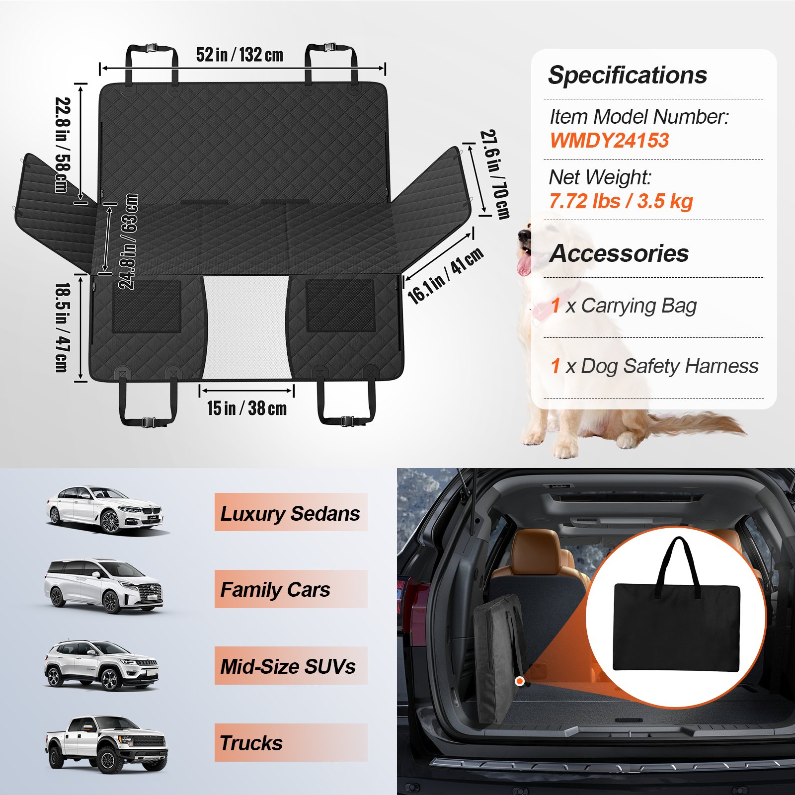 VEVOR Back Seat Extender for Dogs,Dog Hammock for Car Back seat,Dog Car Seat Cover with Hard Bottom Dog Car Seat Bed 52"x24.8" ,Supports 350lb with Mesh Window and Storage Pocket for Car, SUV