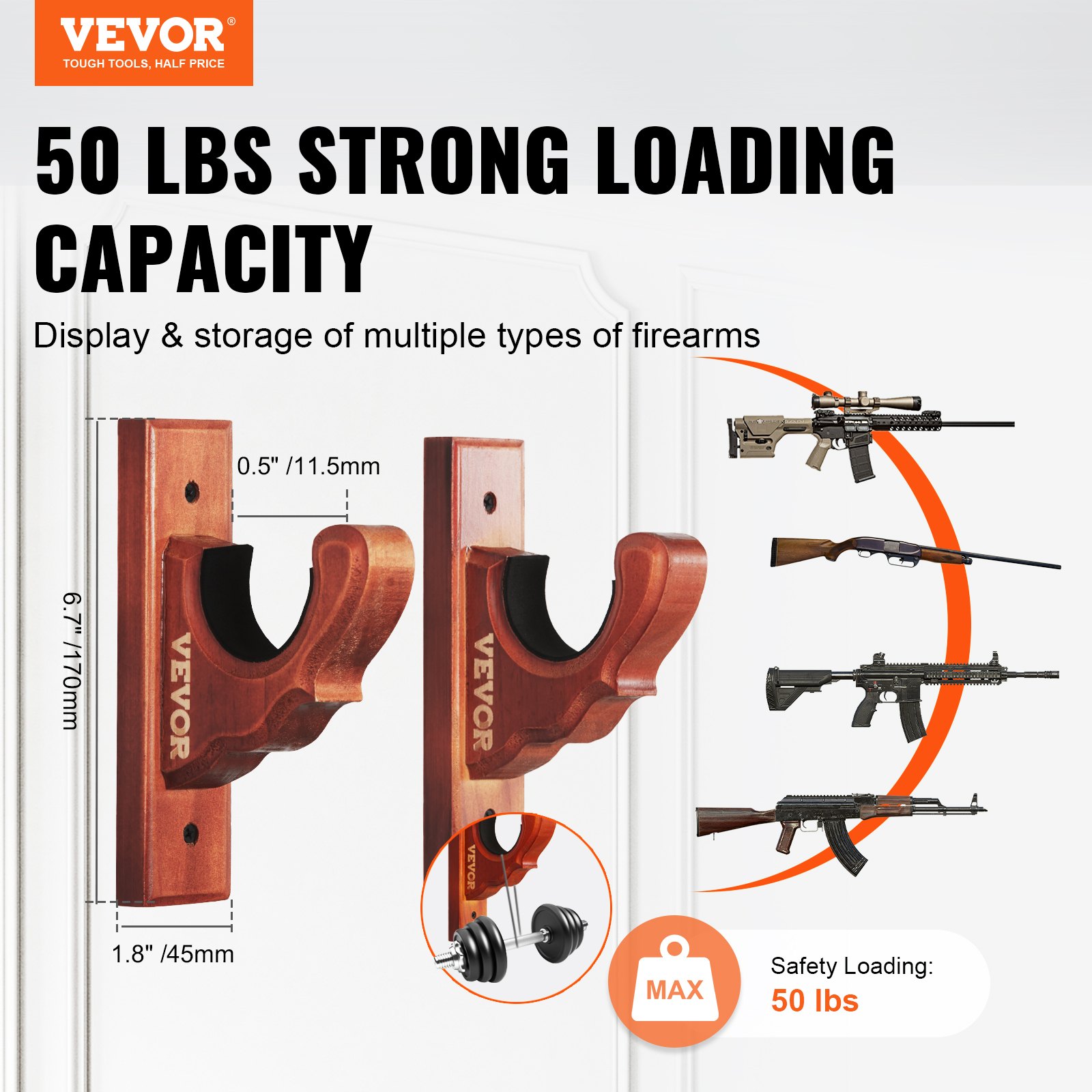 VEVOE Gun Rack Wall Mount, Horizontal Gun Rack and Shotgun Hooks, Single Gun Storage Display Rack For Wall, Gun Holder with Soft Padding holds Rifles, Shotguns up to 50 lbs