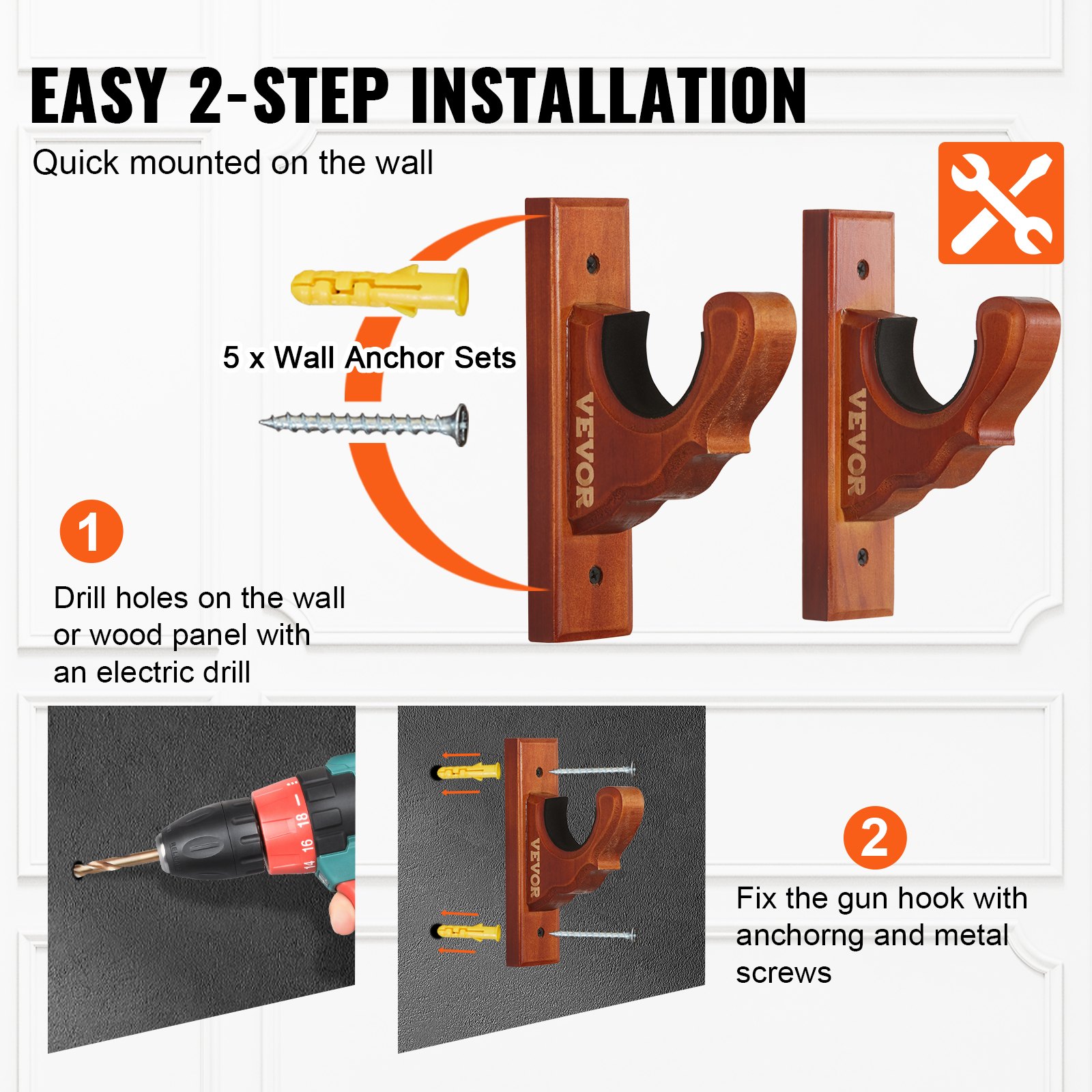 VEVOE Gun Rack Wall Mount, Horizontal Gun Rack and Shotgun Hooks, Single Gun Storage Display Rack For Wall, Gun Holder with Soft Padding holds Rifles, Shotguns up to 50 lbs