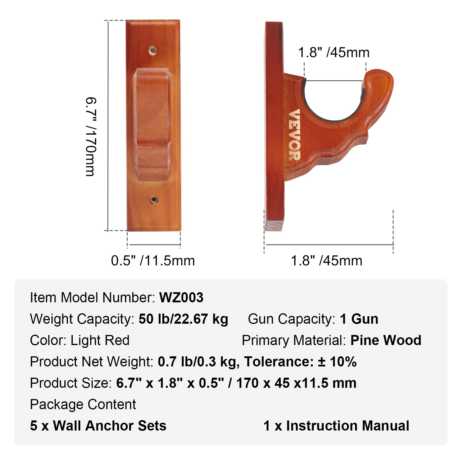 VEVOE Gun Rack Wall Mount, Horizontal Gun Rack and Shotgun Hooks, Single Gun Storage Display Rack For Wall, Gun Holder with Soft Padding holds Rifles, Shotguns up to 50 lbs