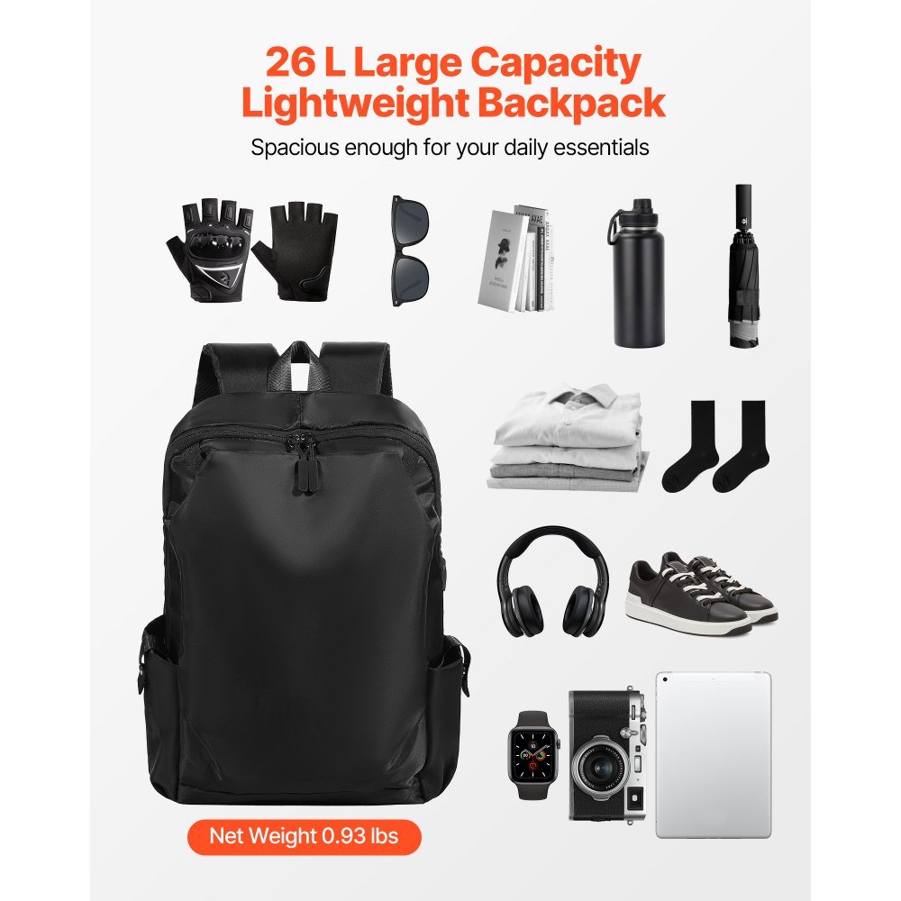 VEVOR Lightweight Backpack, 26 L Travel Hiking Backpack, Water-Resistant Backpacks with USB Charging Port and Anti-Theft Pocket, Fits 15.6 in Laptop, for Men & Women Travel Camping Riding (Black)