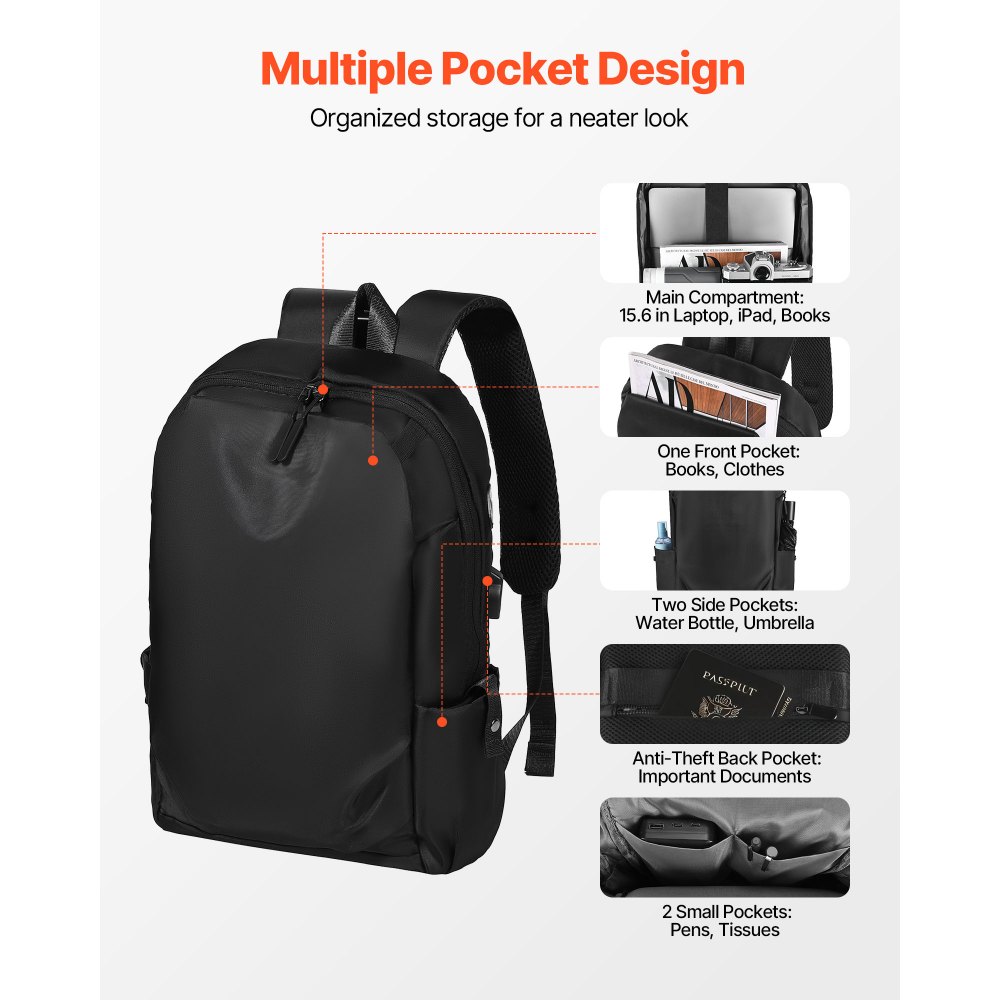 VEVOR Lightweight Backpack, 26 L Travel Hiking Backpack, Water-Resistant Backpacks with USB Charging Port and Anti-Theft Pocket, Fits 15.6 in Laptop, for Men & Women Travel Camping Riding (Black)