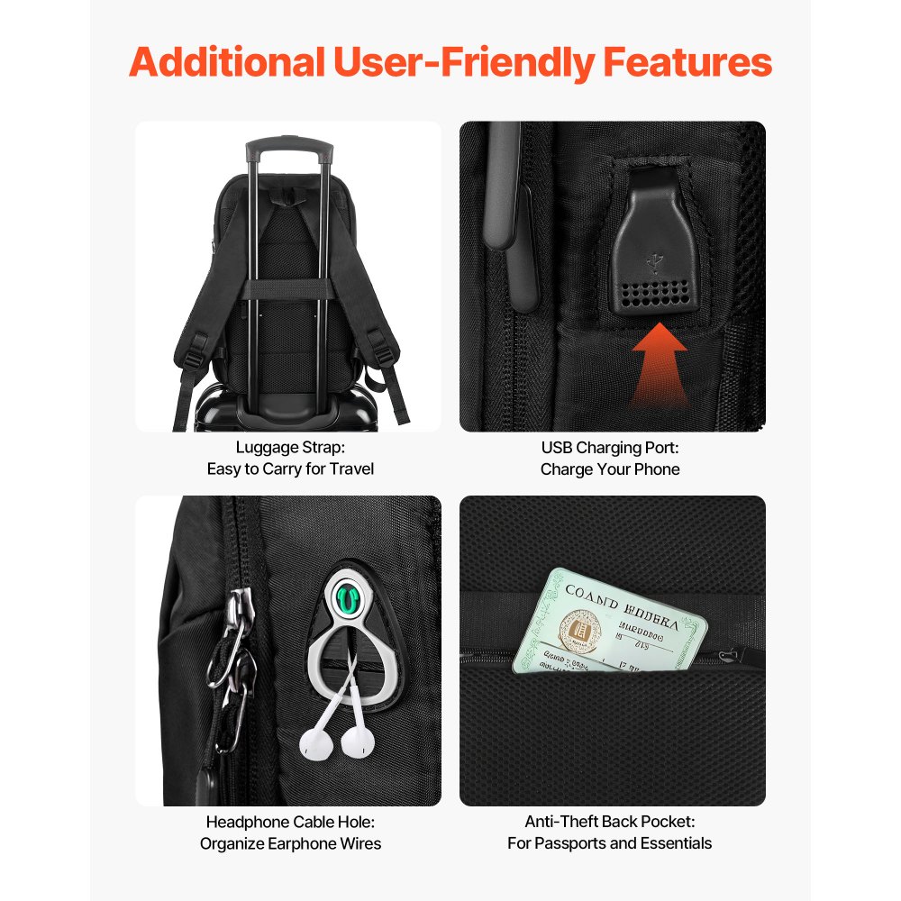 VEVOR Lightweight Backpack, 26 L Travel Hiking Backpack, Water-Resistant Backpacks with USB Charging Port and Anti-Theft Pocket, Fits 15.6 in Laptop, for Men & Women Travel Camping Riding (Black)