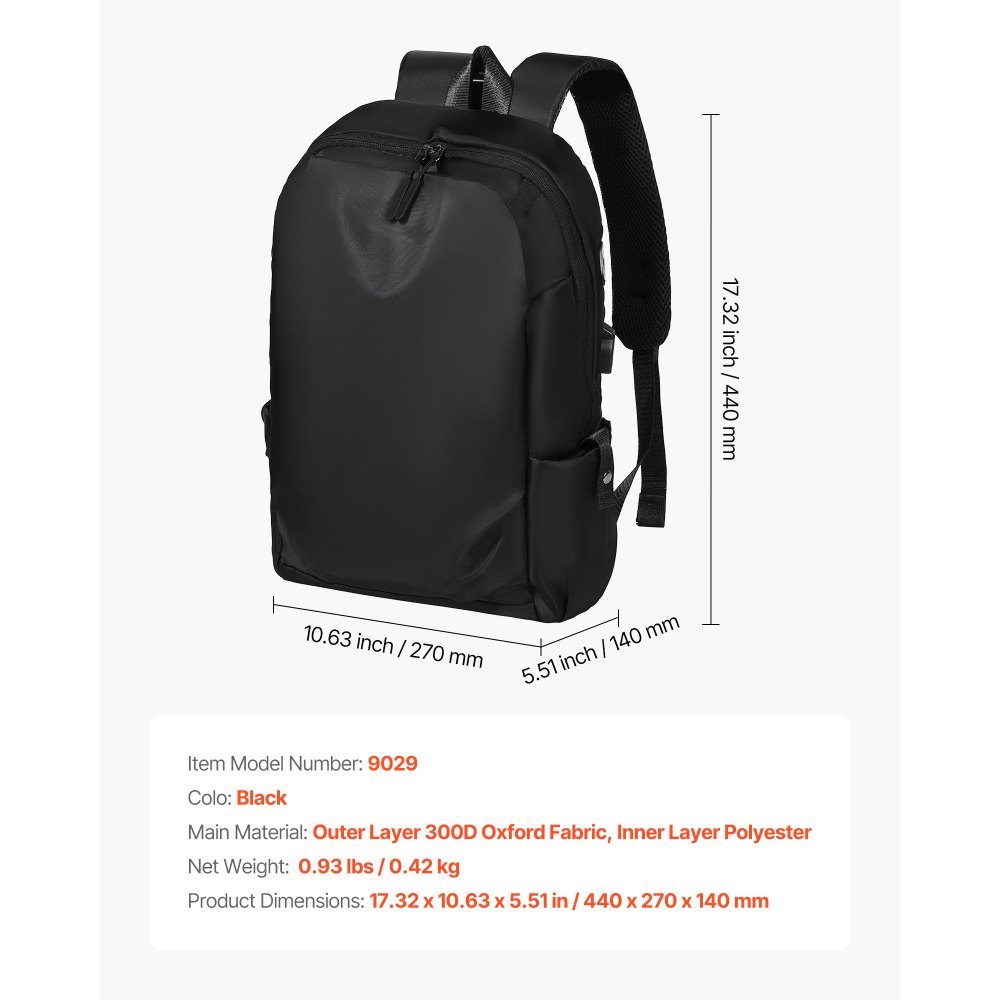 VEVOR Lightweight Backpack, 26 L Travel Hiking Backpack, Water-Resistant Backpacks with USB Charging Port and Anti-Theft Pocket, Fits 15.6 in Laptop, for Men & Women Travel Camping Riding (Black)