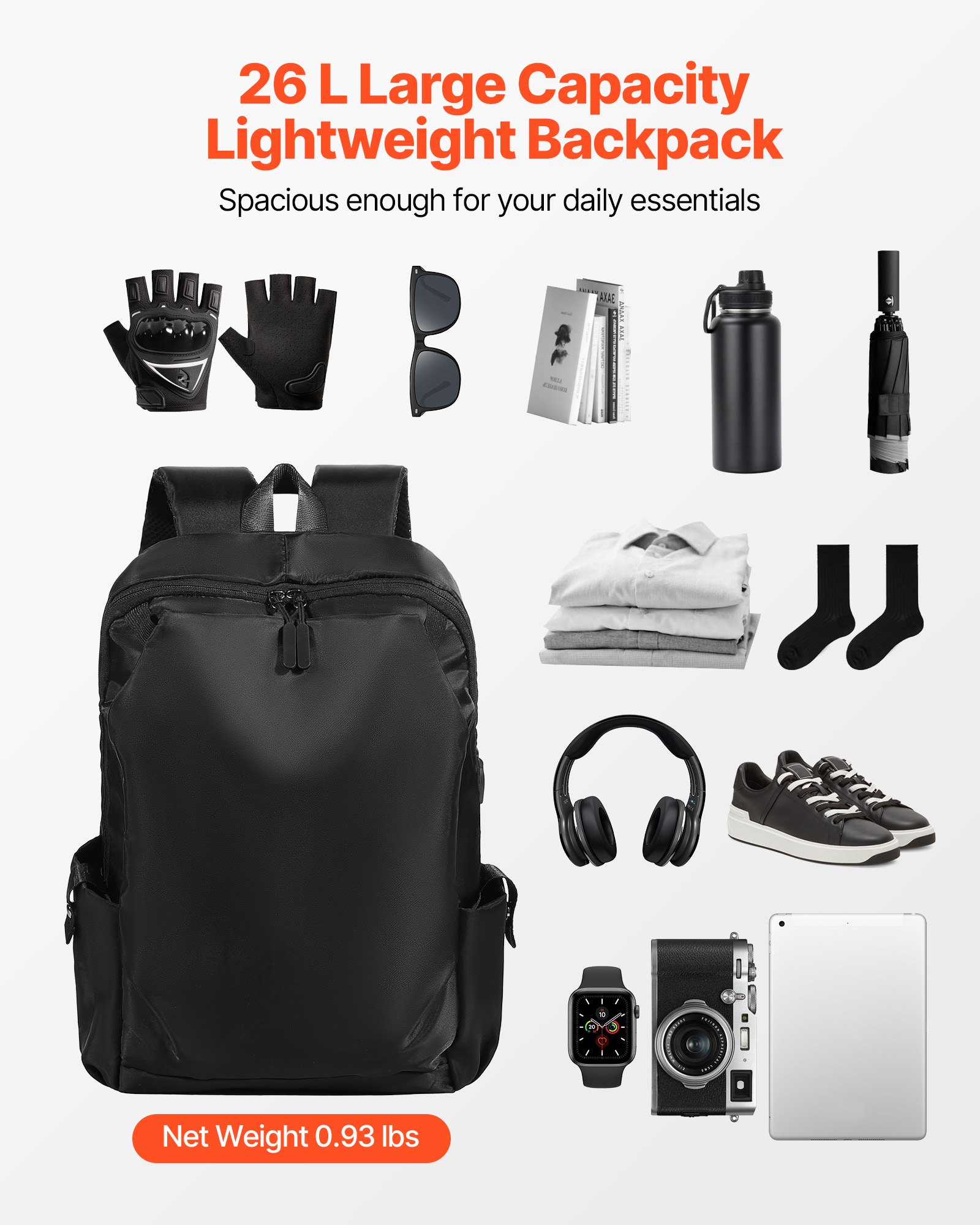 VEVOR Lightweight Backpack, 26 L Travel Hiking Backpack, Water-Resistant Backpacks with USB Charging Port and Anti-Theft Pocket, Fits 15.6 in Laptop, for Men & Women Travel Camping Riding (Black)