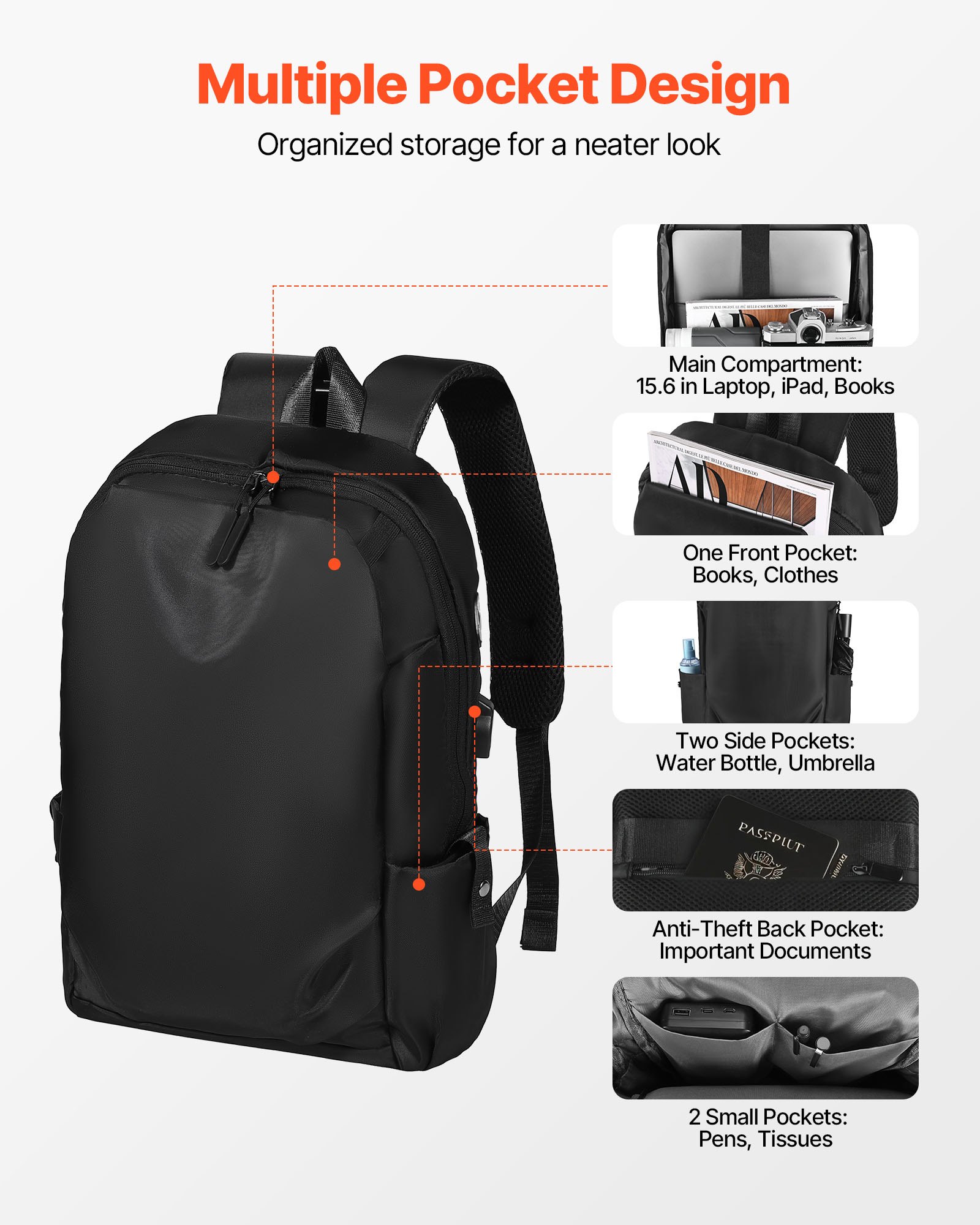 VEVOR Lightweight Backpack, 26 L Travel Hiking Backpack, Water-Resistant Backpacks with USB Charging Port and Anti-Theft Pocket, Fits 15.6 in Laptop, for Men & Women Travel Camping Riding (Black)