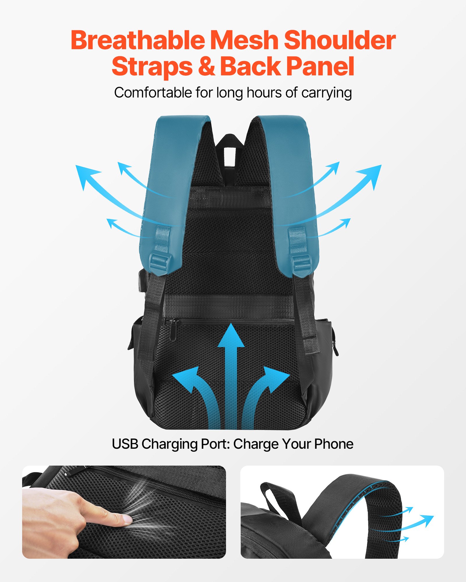 VEVOR Lightweight Backpack, 26 L Travel Hiking Backpack, Water-Resistant Backpacks with USB Charging Port and Anti-Theft Pocket, Fits 15.6 in Laptop, for Men & Women Travel Camping Riding (Black)