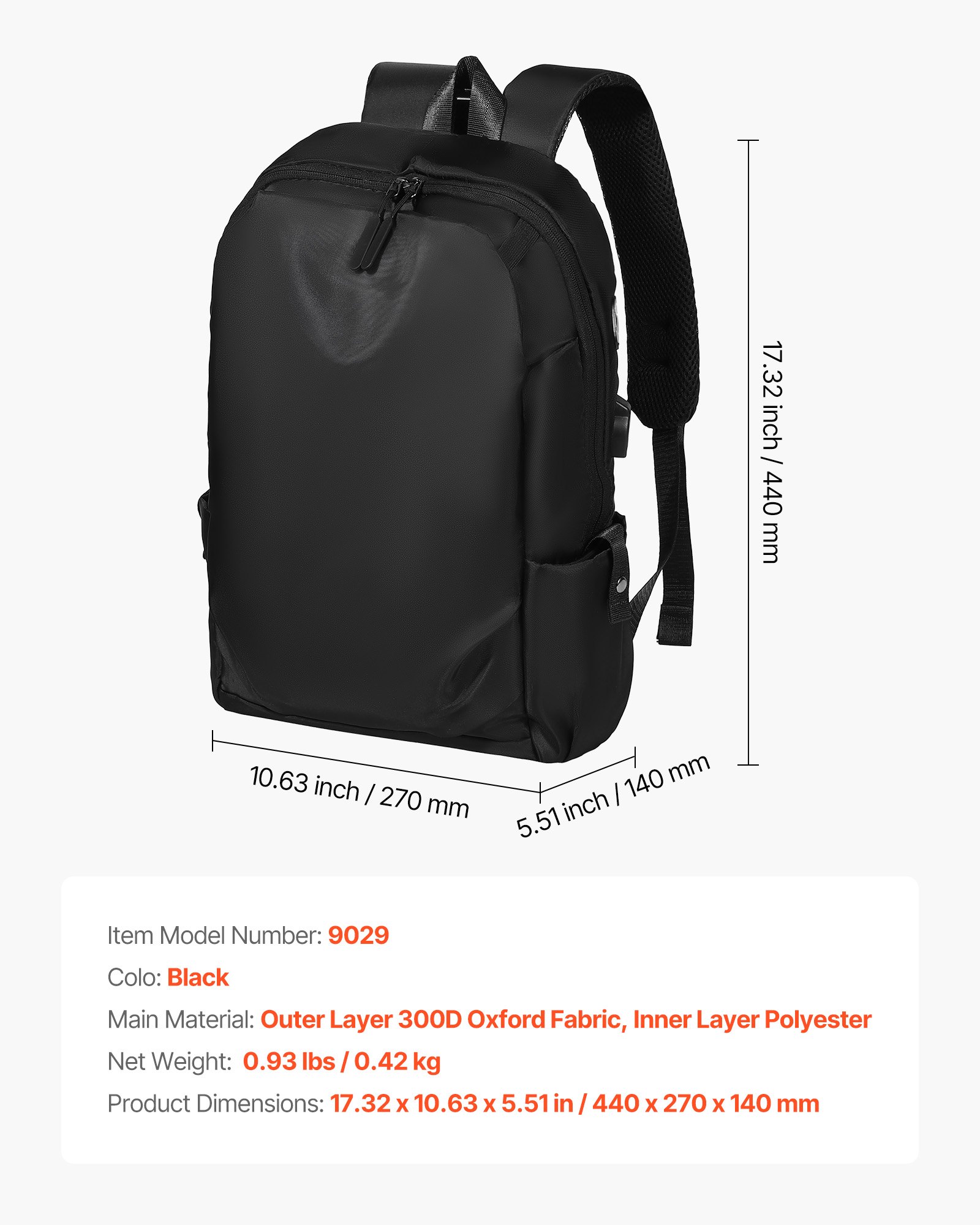 VEVOR Lightweight Backpack, 26 L Travel Hiking Backpack, Water-Resistant Backpacks with USB Charging Port and Anti-Theft Pocket, Fits 15.6 in Laptop, for Men & Women Travel Camping Riding (Black)