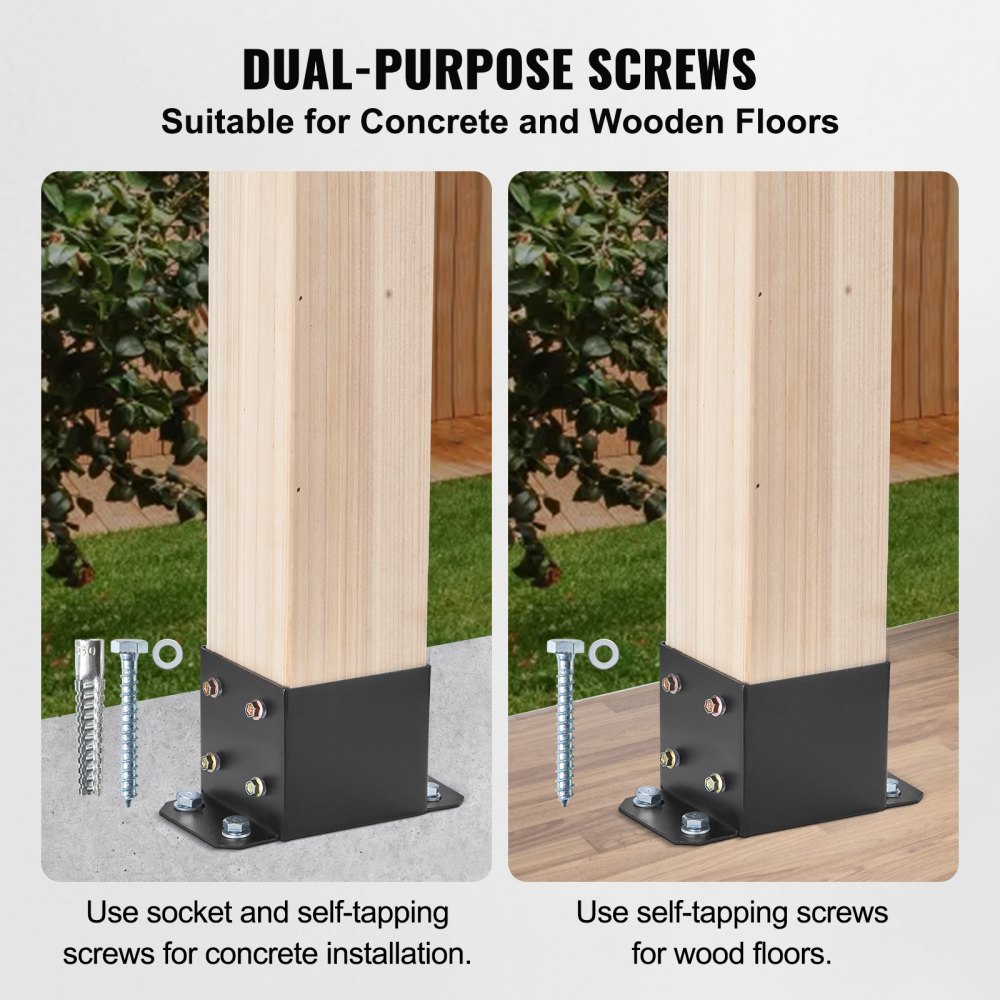 VEVOR 152.4x152.4 Post Base 4 Pcs, Inner Size 142x142 Post Base Brackets, Heavy Duty Powder-Coated Post Anchor Matte Black Wood Post Brackets for Pavilion Deck Railing Support Deck Base Plate