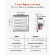 6 Inch Square Wall Vent Cover Louvered Stainless Steel AC Vent 1 Pack