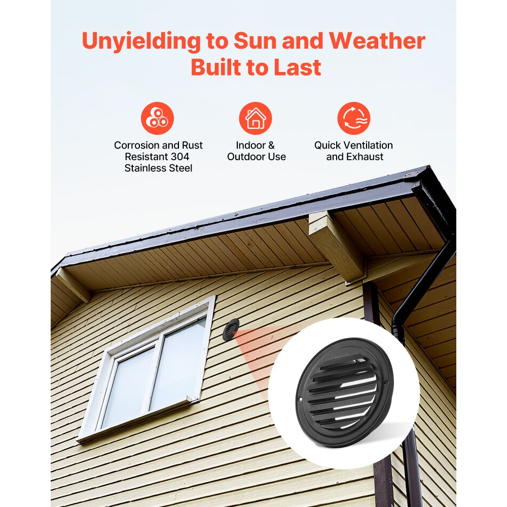 VEVOR 97mm Wall Vent Cover, Louvered Round AC Vent Gable Cover, Premium Stainless Steel & with Built-in a Protection Screen, for House,Bathroom,Garage,Kitchen,Basement (2 Pack, Black)