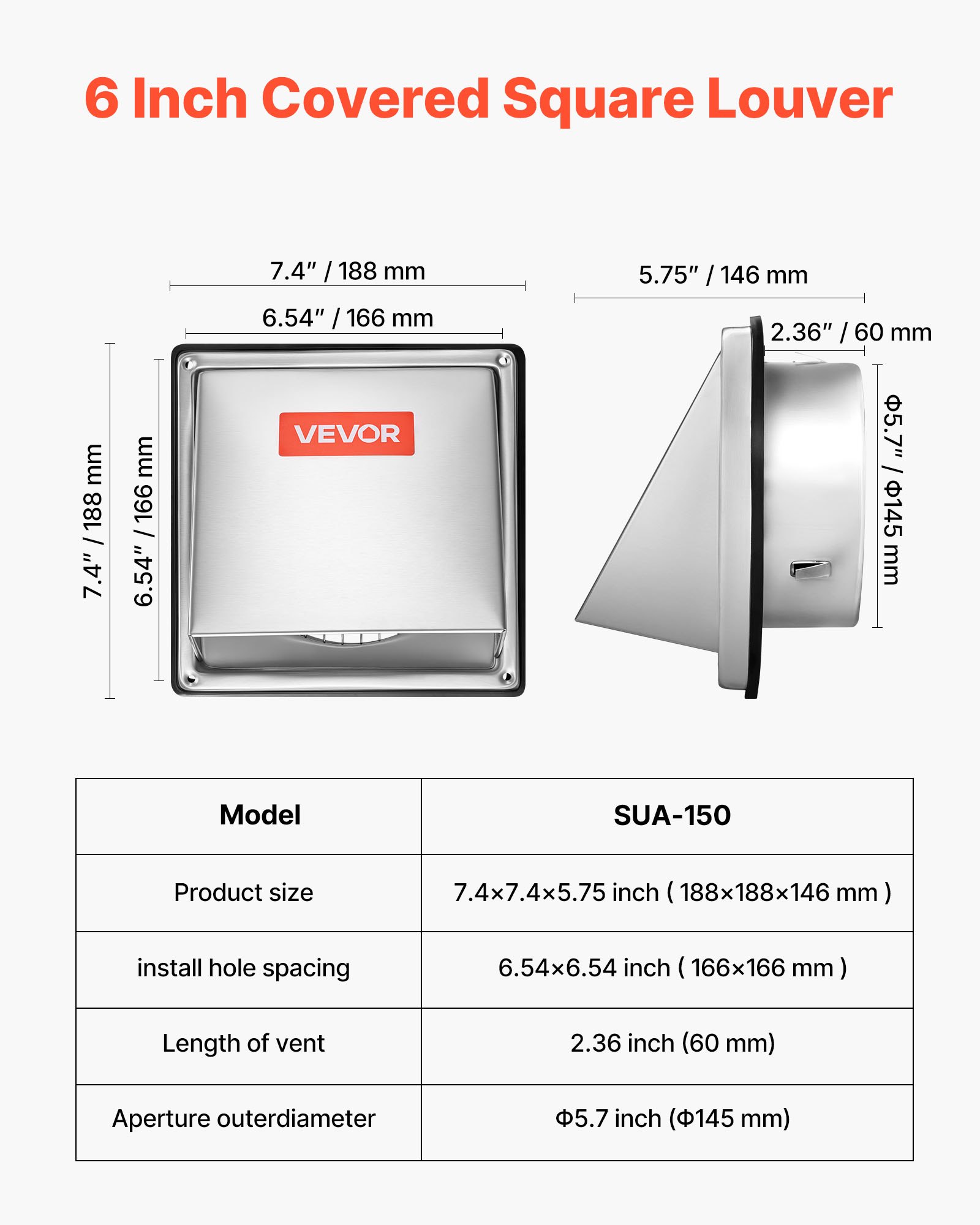 VEVOR 145 mm External Extractor Wall Vent Cover, Square AC Vent Gable Cover, Premium Stainless Steel & with Built-in a Protection Screen, for House,Bathroom,Garage,Kitchen,Basement (1 Pack, Silver)