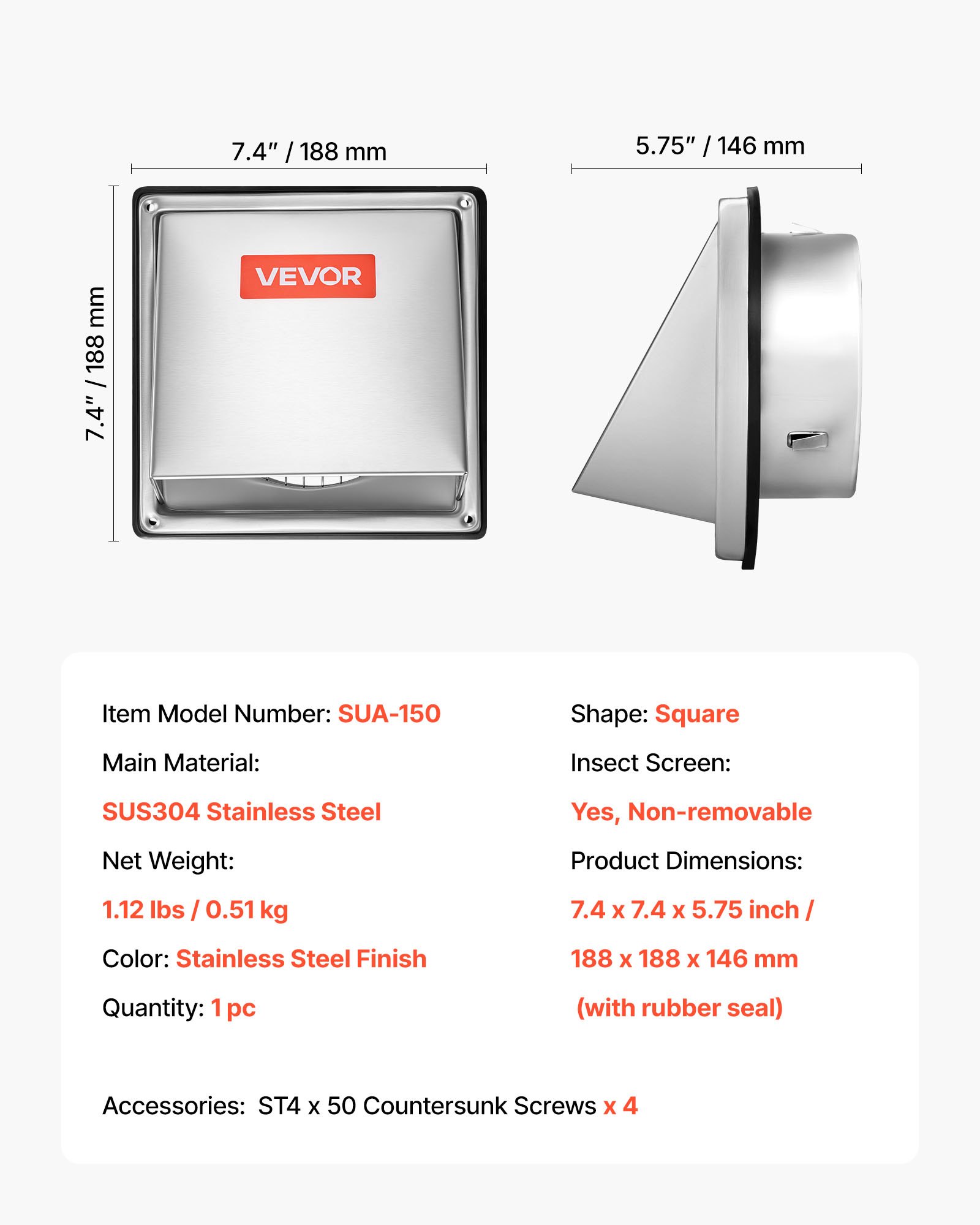 VEVOR 145 mm External Extractor Wall Vent Cover, Square AC Vent Gable Cover, Premium Stainless Steel & with Built-in a Protection Screen, for House,Bathroom,Garage,Kitchen,Basement (1 Pack, Silver)