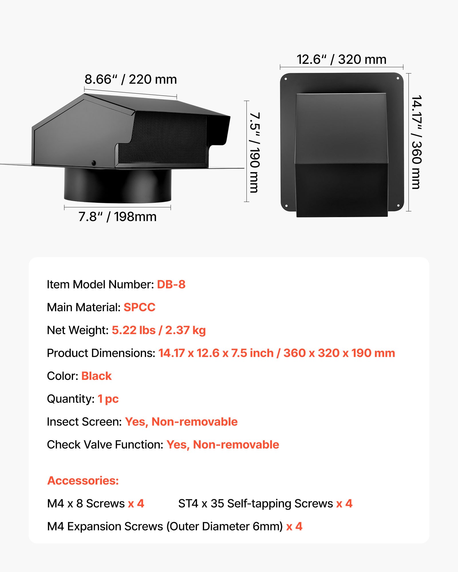 VEVOR 198 mm Hooded Wall Vent Cover, Square AC Vent Gable Cover, Premium SPCC Steel & with Built-in a Protection Screen, for Roofs,Walls,Outside Duct Exhaust Outlets (1 Pack, Black)
