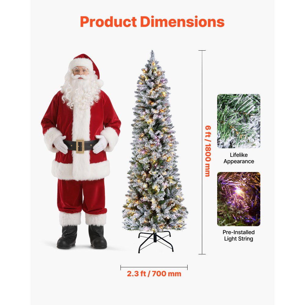 VEVOR Christmas Tree, 6ft Prelit Flocked Artificial Tree, Full Holiday Xmas Deco Trees with 240 Colorful LED Lights, 11 Lighting Modes & 635 Branch Tips for Home Party Office Decoration