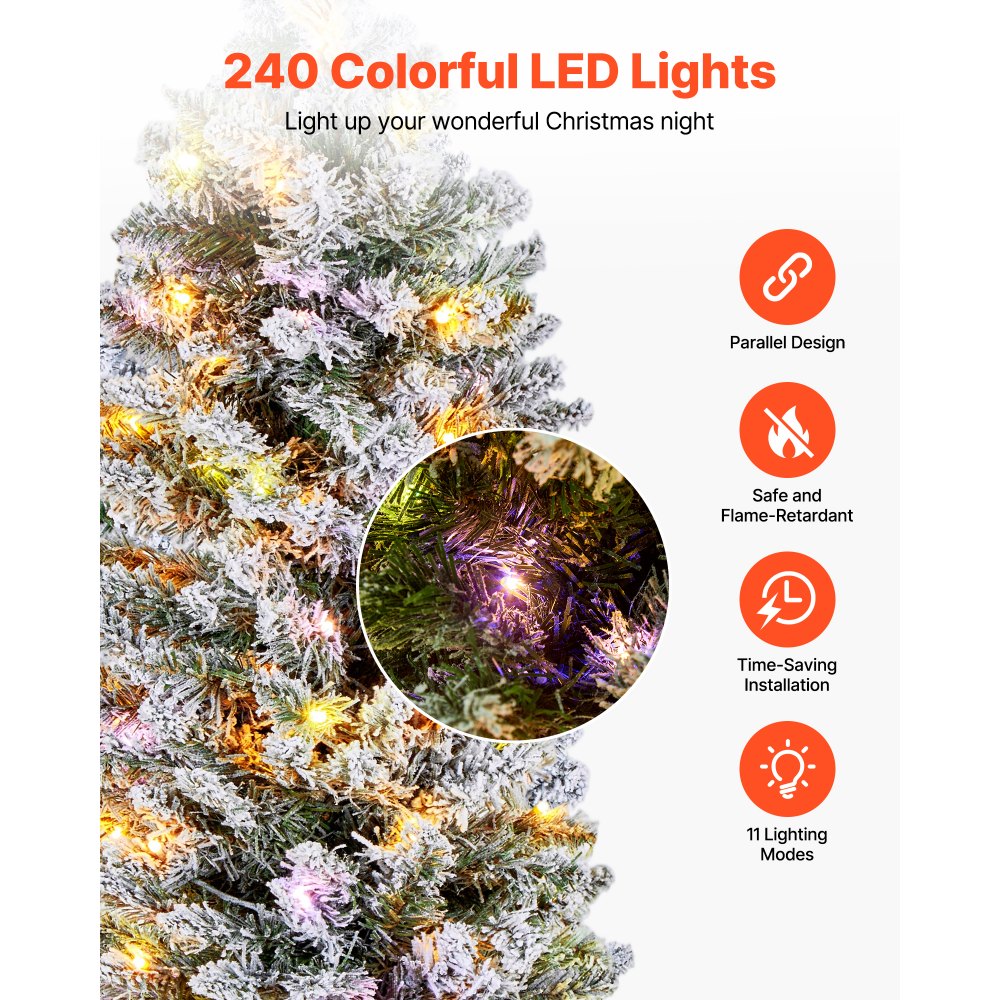 VEVOR Christmas Tree, 6ft Prelit Flocked Artificial Tree, Full Holiday Xmas Deco Trees with 240 Colorful LED Lights, 11 Lighting Modes & 635 Branch Tips for Home Party Office Decoration