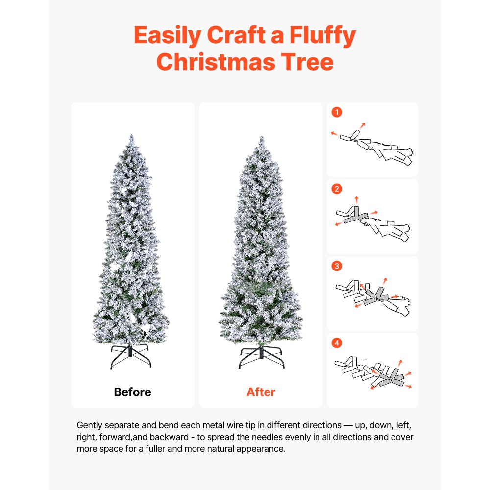 VEVOR Christmas Tree, 6ft Prelit Flocked Artificial Tree, Full Holiday Xmas Deco Trees with 240 Colorful LED Lights, 11 Lighting Modes & 635 Branch Tips for Home Party Office Decoration