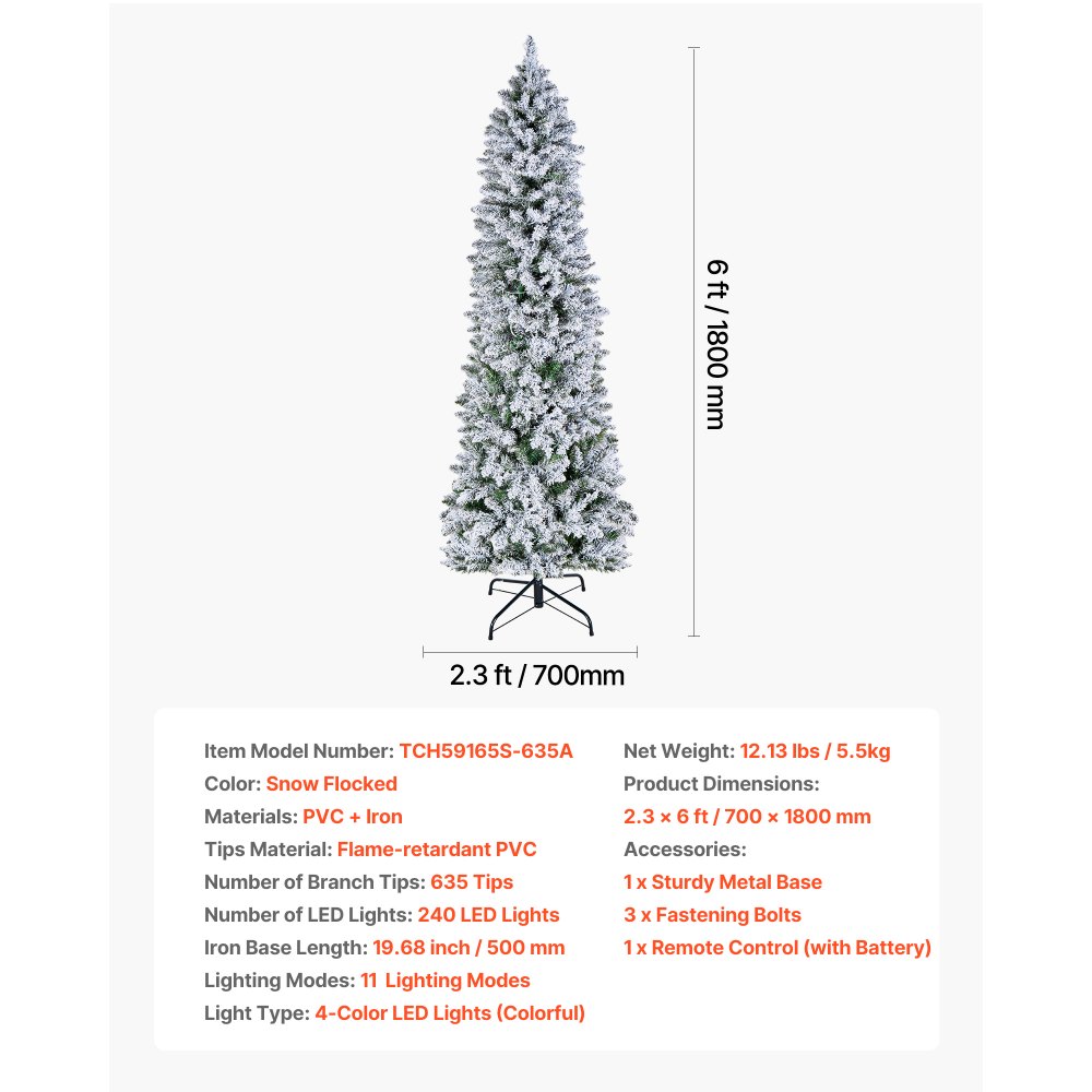 VEVOR Christmas Tree, 6ft Prelit Flocked Artificial Tree, Full Holiday Xmas Deco Trees with 240 Colorful LED Lights, 11 Lighting Modes & 635 Branch Tips for Home Party Office Decoration