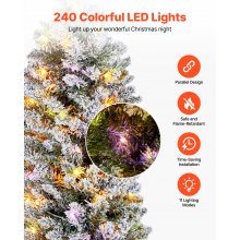 VEVOR Christmas Tree, 6ft Prelit Flocked Artificial Tree, Full Holiday Xmas Deco Trees with 240 Colorful LED Lights, 11 Lighting Modes & 635 Branch Tips for Home Party Office Decoration