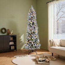 VEVOR Christmas Tree, 6ft Prelit Flocked Artificial Tree, Full Holiday Xmas Deco Trees with 240 Colorful LED Lights, 11 Lighting Modes & 635 Branch Tips for Home Party Office Decoration