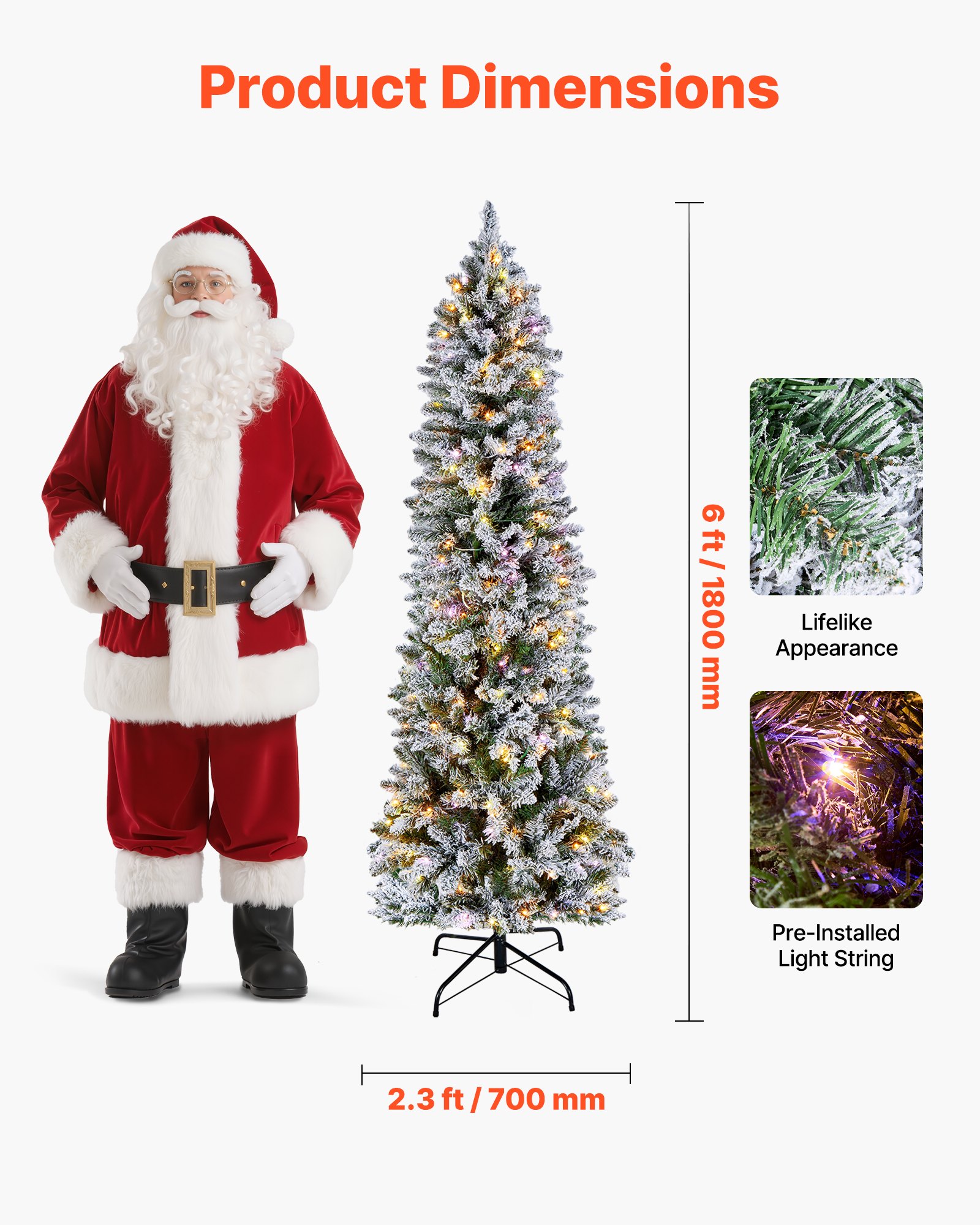 VEVOR Christmas Tree, 6ft Prelit Flocked Artificial Tree, Full Holiday Xmas Deco Trees with 240 Colorful LED Lights, 11 Lighting Modes & 635 Branch Tips for Home Party Office Decoration