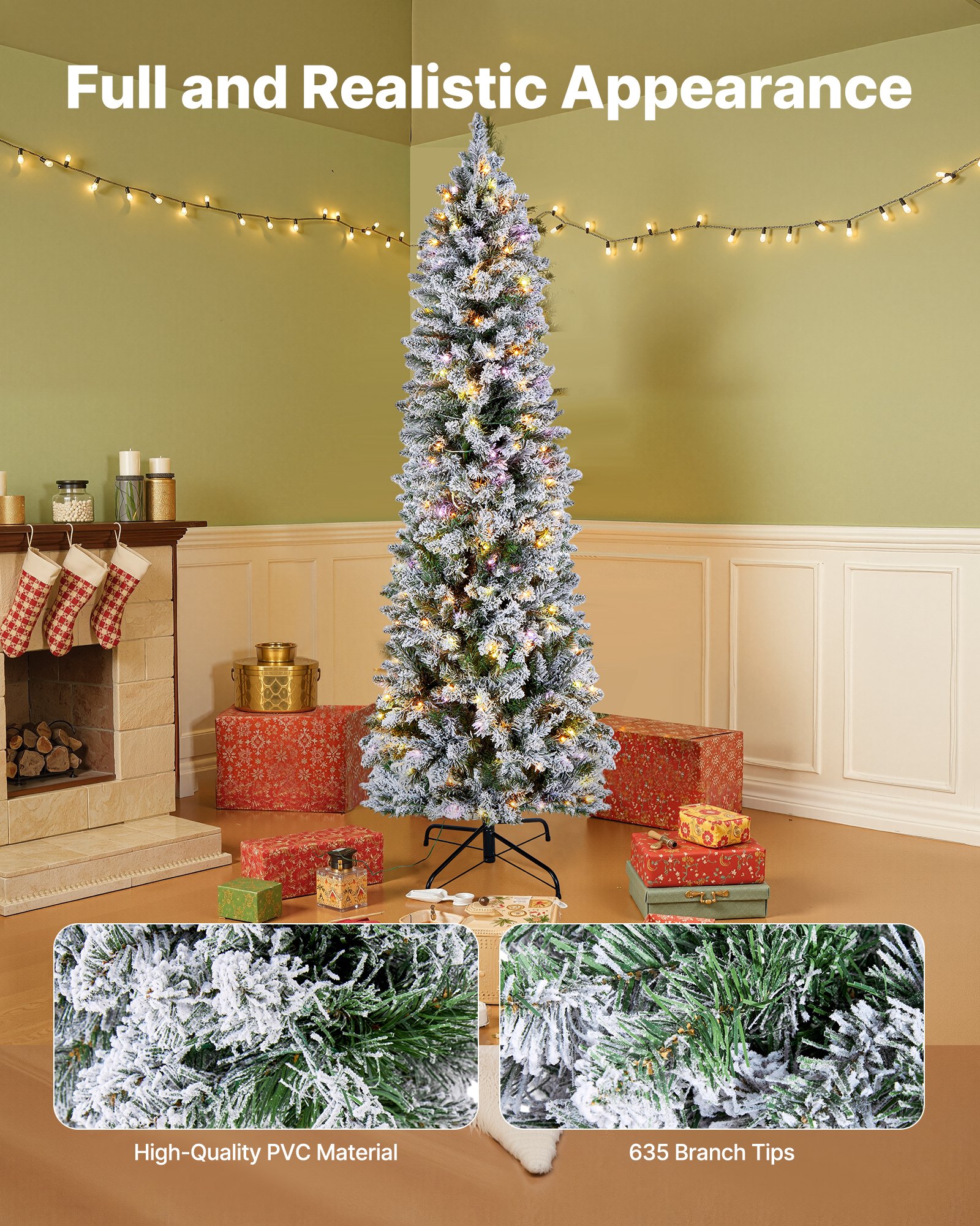 VEVOR Christmas Tree, 6ft Prelit Flocked Artificial Tree, Full Holiday Xmas Deco Trees with 240 Colorful LED Lights, 11 Lighting Modes & 635 Branch Tips for Home Party Office Decoration