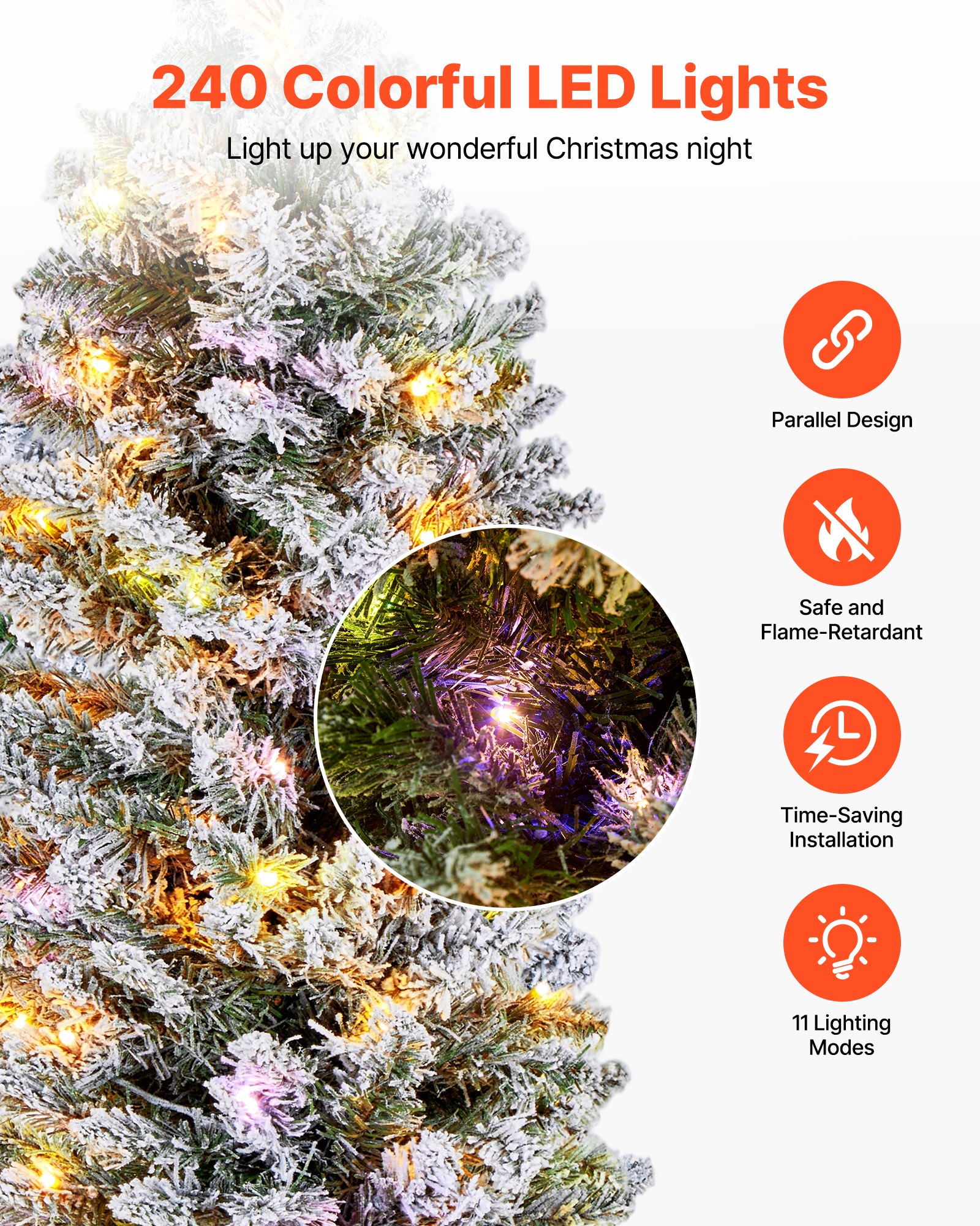 VEVOR Christmas Tree, 6ft Prelit Flocked Artificial Tree, Full Holiday Xmas Deco Trees with 240 Colorful LED Lights, 11 Lighting Modes & 635 Branch Tips for Home Party Office Decoration