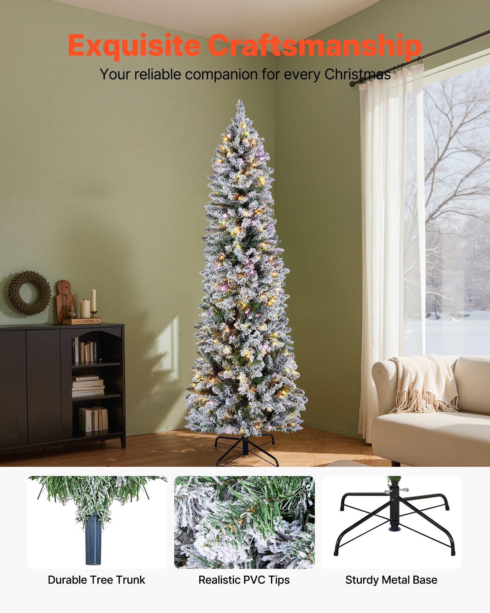 VEVOR Christmas Tree, 6ft Prelit Flocked Artificial Tree, Full Holiday Xmas Deco Trees with 240 Colorful LED Lights, 11 Lighting Modes & 635 Branch Tips for Home Party Office Decoration