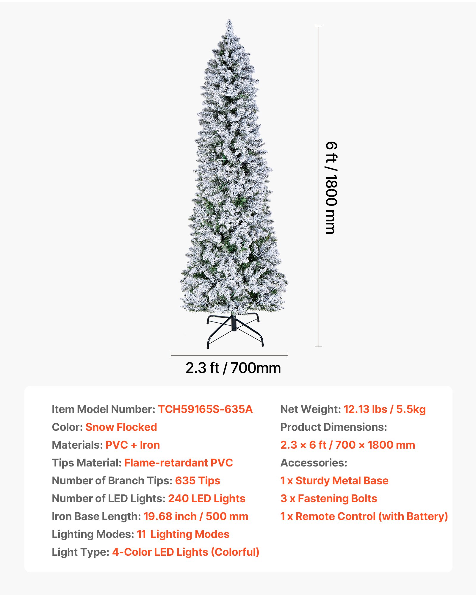 VEVOR Christmas Tree, 6ft Prelit Flocked Artificial Tree, Full Holiday Xmas Deco Trees with 240 Colorful LED Lights, 11 Lighting Modes & 635 Branch Tips for Home Party Office Decoration