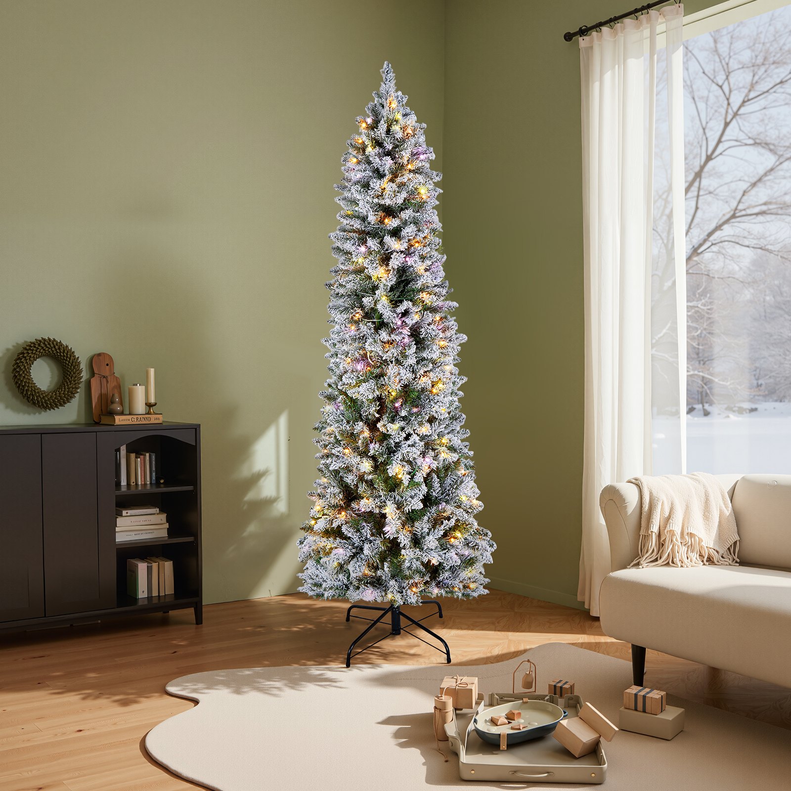 VEVOR Christmas Tree, 6ft Prelit Flocked Artificial Tree, Full Holiday Xmas Deco Trees with 240 Colorful LED Lights, 11 Lighting Modes & 635 Branch Tips for Home Party Office Decoration