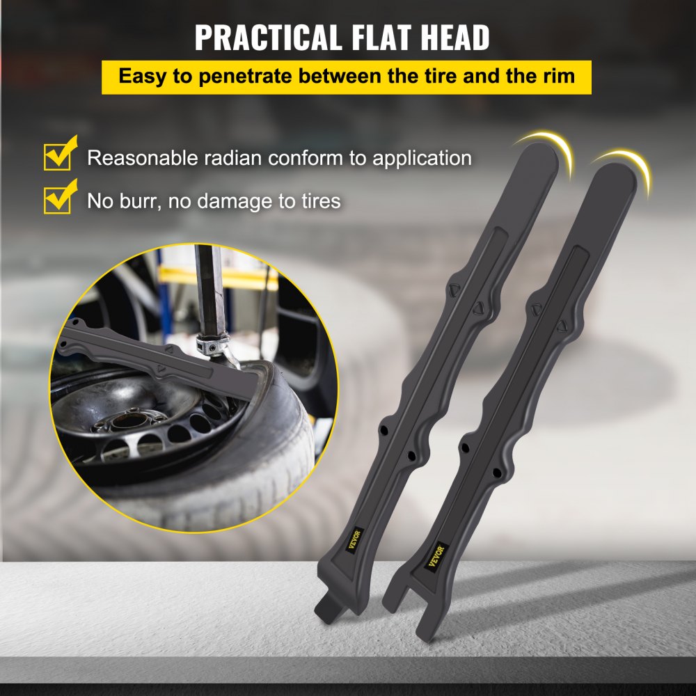 VEVOR tire iron set with practical flat heads and tire fitting in the background.