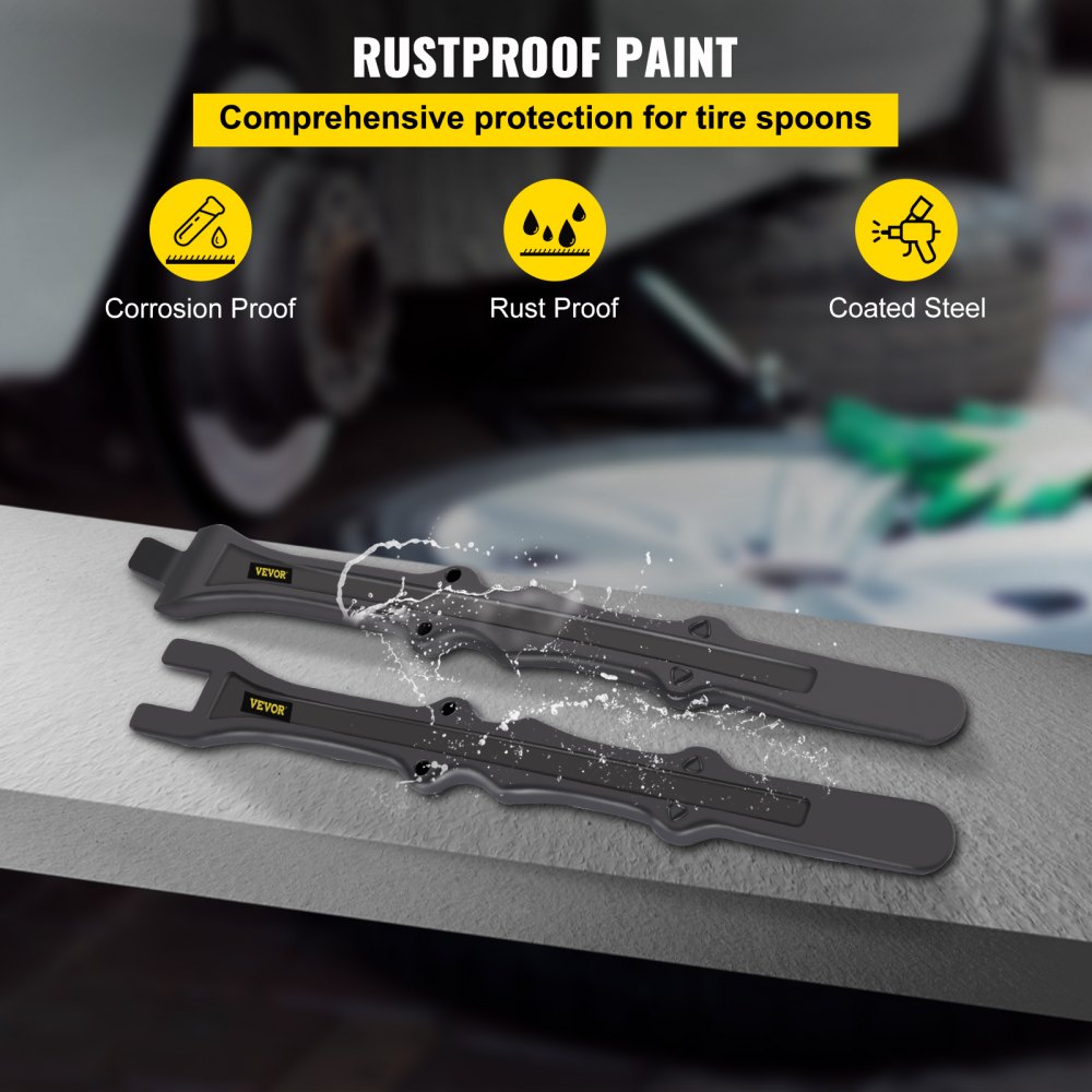 VEVOR tire iron set with rustproof paint, corrosion proof, and coated steel.