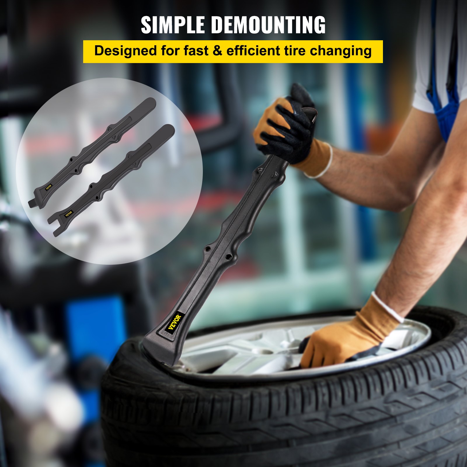 mechanic using VEVOR tire iron set for fast tire changing.
