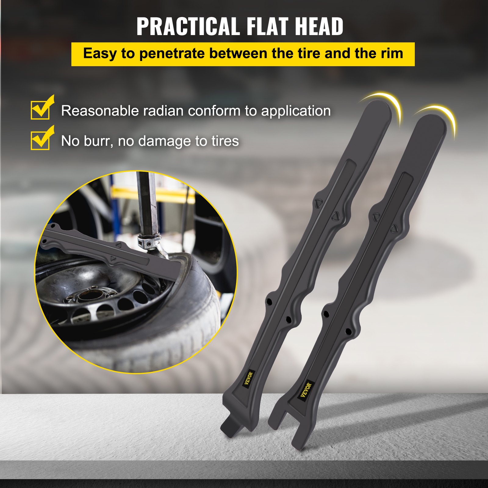 VEVOR tire iron set with practical flat heads and tire fitting in the background.
