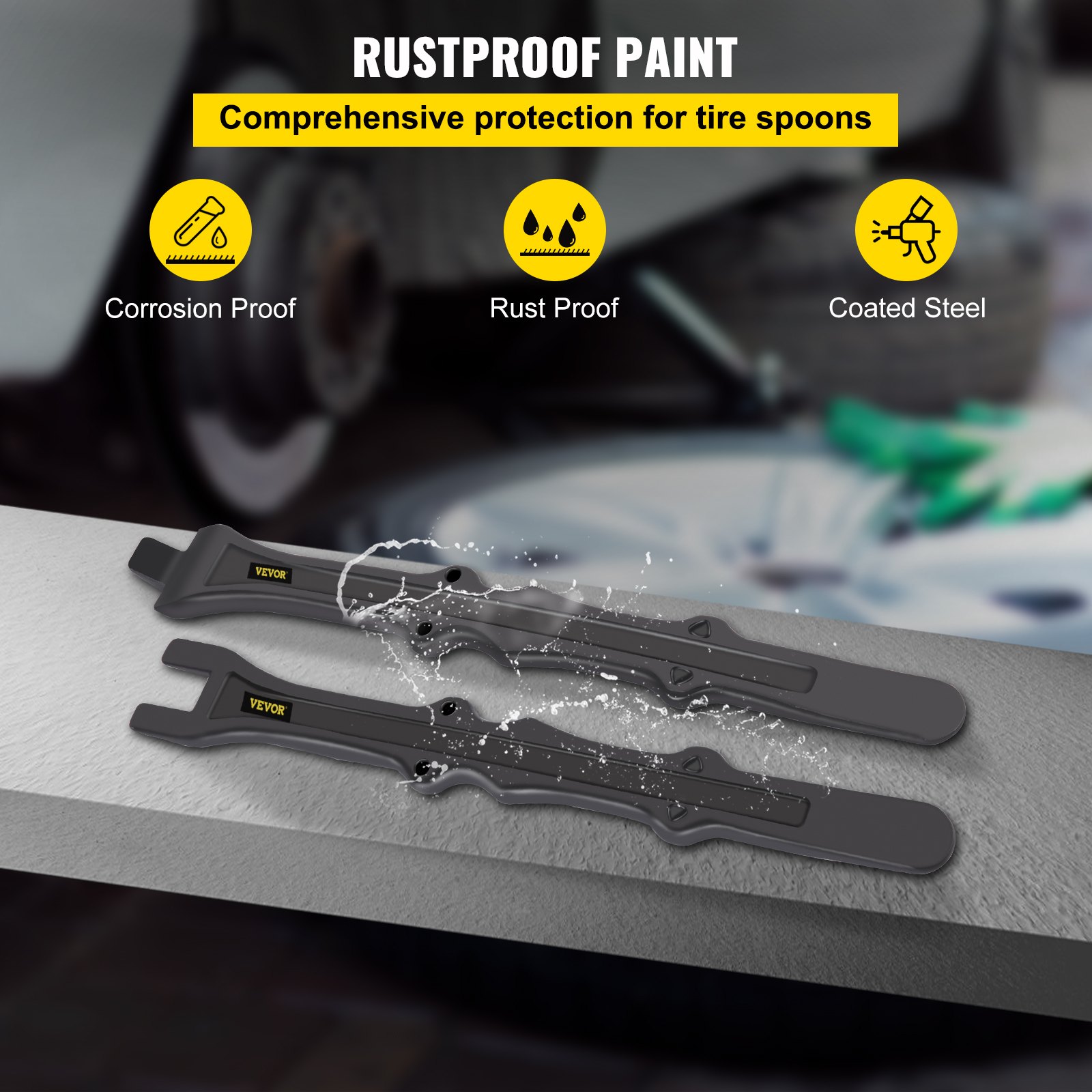 VEVOR tire iron set with rustproof paint, corrosion proof, and coated steel.