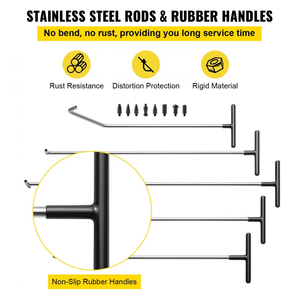 VEVOR Rods Dent Removal Kit, 13 Pcs Paintless Dent Repair Tool, 5 Pcs Stainless Steel Dent Rods, 8 Pcs Tapper Heads, Professional Hail Dent Removal Tool for Minor Dents, Door Dings and Hail Damage