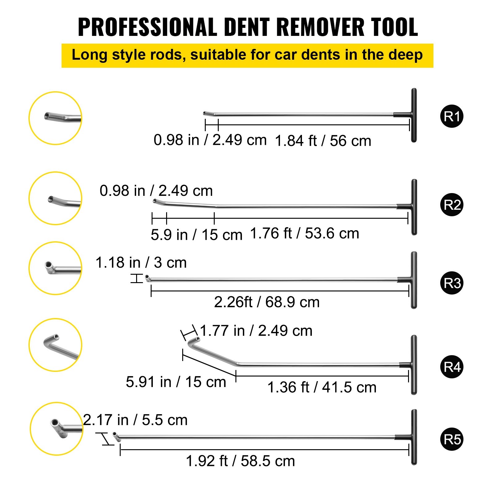 VEVOR Rods Dent Removal Kit, 13 Pcs Paintless Dent Repair Tool, 5 Pcs Stainless Steel Dent Rods, 8 Pcs Tapper Heads, Professional Hail Dent Removal Tool for Minor Dents, Door Dings and Hail Damage