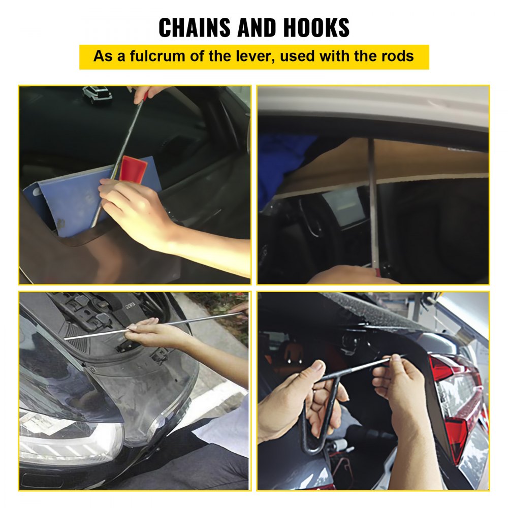 close-ups of using rods with the VEVOR dent removal kit on a car body.