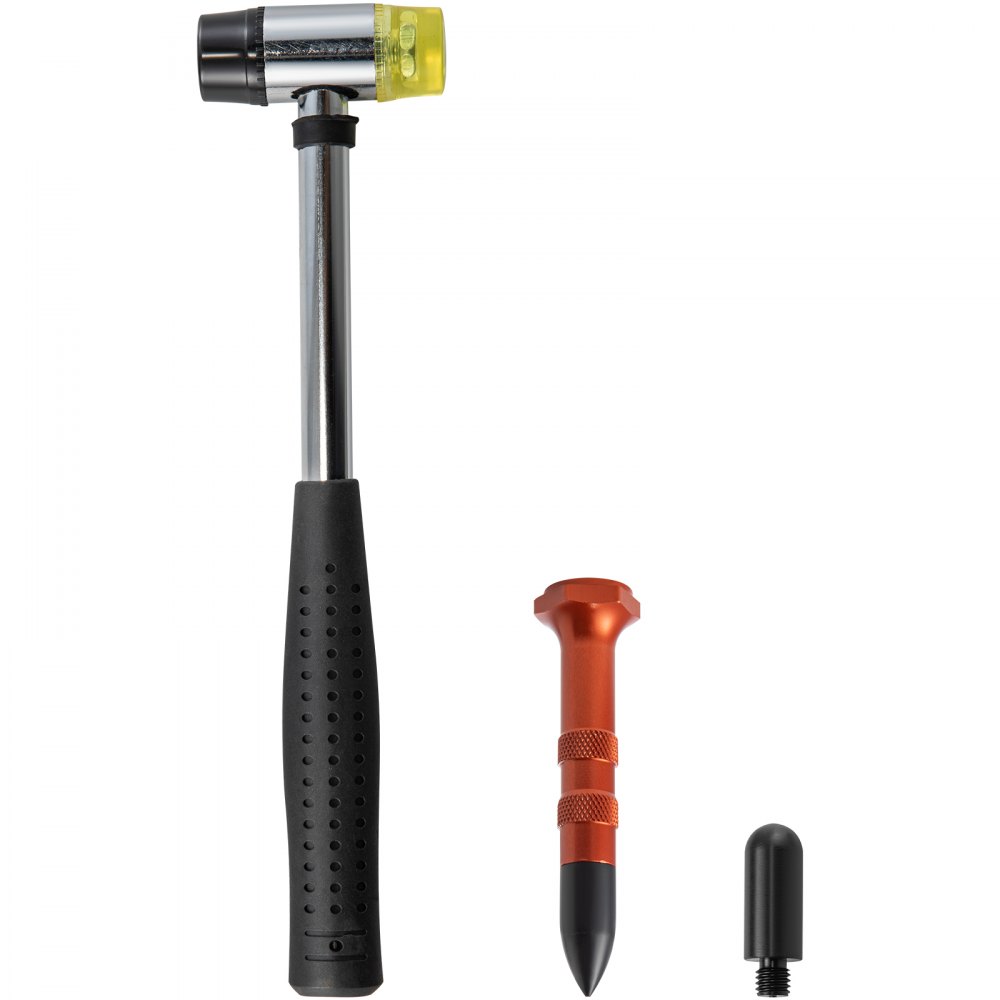 VEVOR dent removal kit tools including a hammer, orange knockdown tool, and black tip.